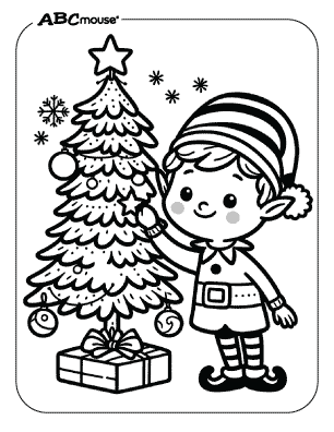 Free printable coloring page of an elf decorating a Christmas Tree. 