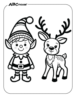 Free printable coloring page of an elf with reindeer. 