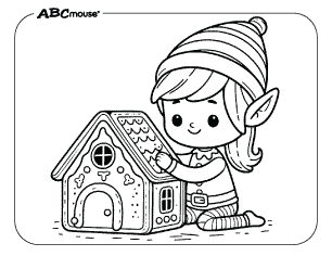 Free printable coloring page of an elf with a gingerbread house. 