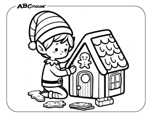 Free printable coloring page of an elf with a gingerbread house. 