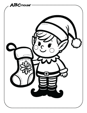 Free printable coloring page of an elf with a stocking. 