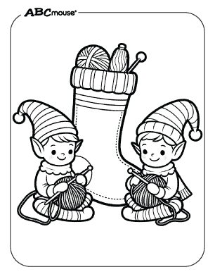 Free printable coloring page of elves making a stocking. 