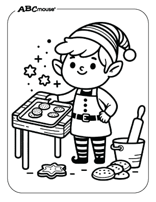 Free printable coloring page of an elf baking cookies. 