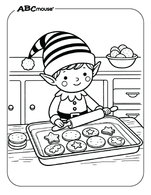 Free printable coloring page of an elf baking cookies. 