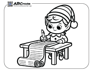 Cute elf writing a Christmas list free printable coloring page for kids from ABCmousse.com.