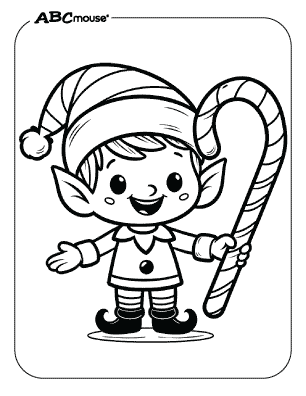 Free printable coloring page of an elf with a candy cane. 