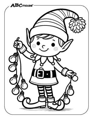 Free printable coloring page of an elf holding Christmas lights. 