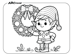 Free printable coloring page of an elf with a Christmas wreath. 