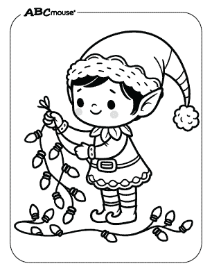 Free printable coloring page of an elf with Christmas lights. 