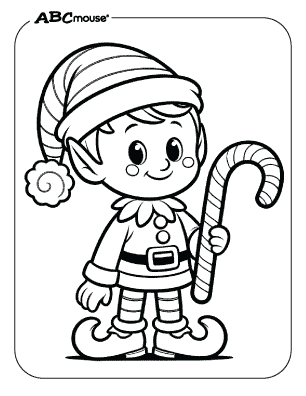 Free printable coloring page of an elf holding a candy cane. 