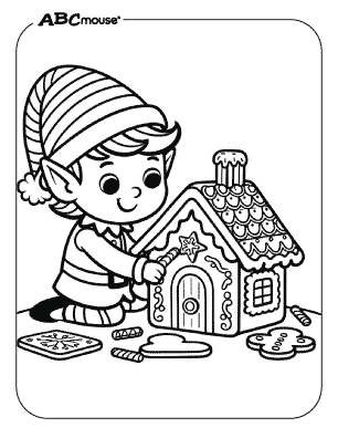 Free printable coloring page of an elf with a gingerbread house. 