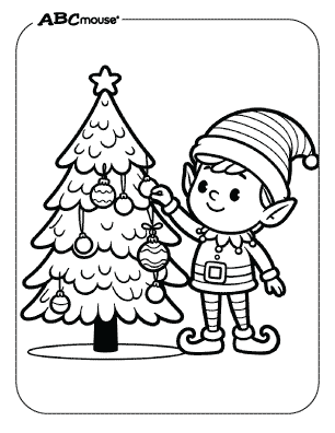 Free printable coloring page of an elf decorating a Christmas Tree. 