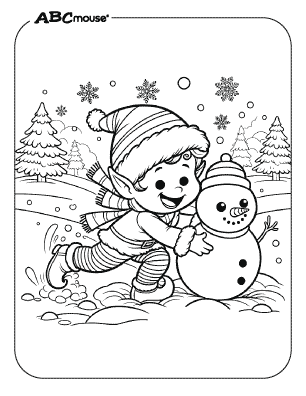 Free printable coloring page of an elf with a snowman. 
