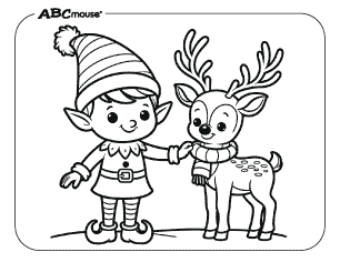 Free printable coloring page of an elf with a reindeer. 