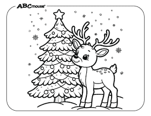 Free printable reindeer near a Christmas tree coloring page. 