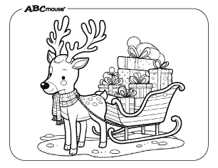Free printable reindeer pulling Santa's sleigh coloring page. 