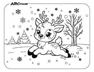 Free printable reindeer playing in the snow coloring page. 