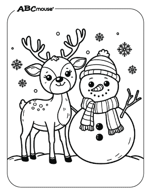 Free printable reindeer with a snowman coloring page. 