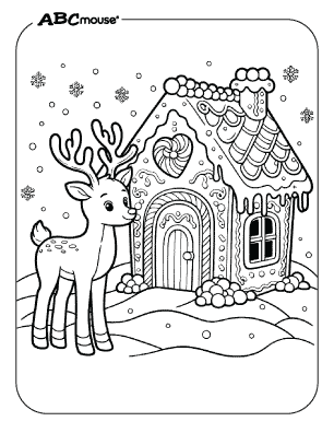 Free printable reindeer next to a gingerbread house coloring page. 