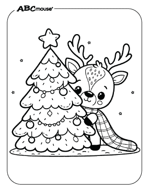 Free printable reindeer hiding behind a Christmas tree coloring page. 