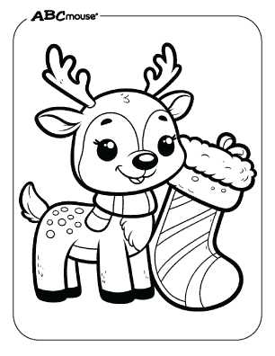 Free printable reindeer holding a stocking coloring page. 