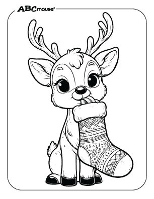 Free printable reindeer holding a stocking in its mouth coloring page. 
