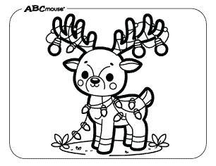 Free printable reindeer tangled in Christmas lights coloring page. 