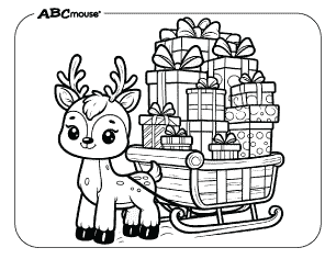 Free printable reindeer pulling a sleigh full of presents coloring page. 