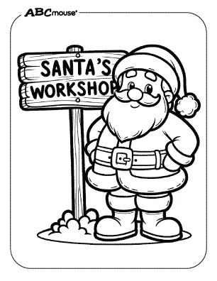 Free printable coloring page of Santa Clause standing next to a sign that says Santa's Workshop. 