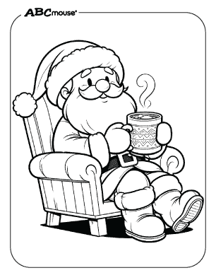 Free printable coloring page of Santa Clause sitting in a chair drinking hot cocoa. 