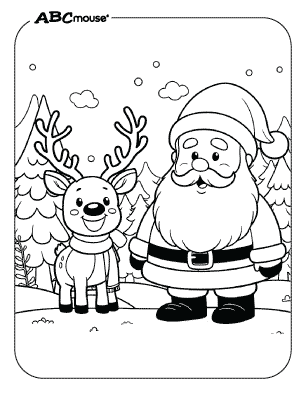 Free printable coloring page of Santa Clause and Rudolph the red nose reindeer. 