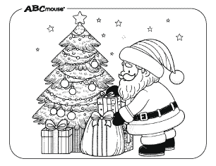 Free printable coloring page of Santa Clause placing presents under the tree. 