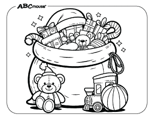 Free printable coloring page of a sack full of toys. 