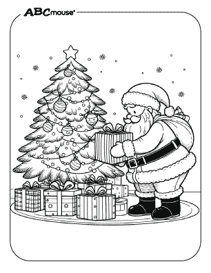 Free printable coloring page of Santa Clause putting presents under the Christmas Tree. 