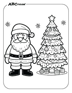 Free printable coloring page of Santa Clause standing by the Christmas tree. 