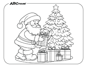 Free printable coloring page of Santa Clause delivering presents under the Christmas Tree. 