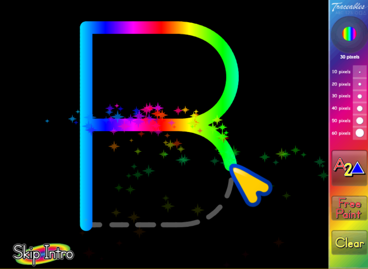 ABCmouse letter tracing art game. Tracing the letter B in rainbow. 