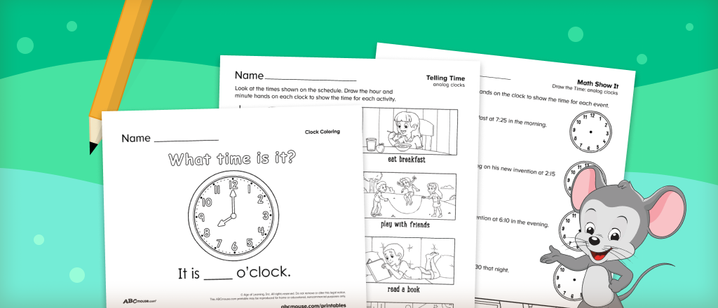 Free printable telling time worksheets from ABCmouse.com. 