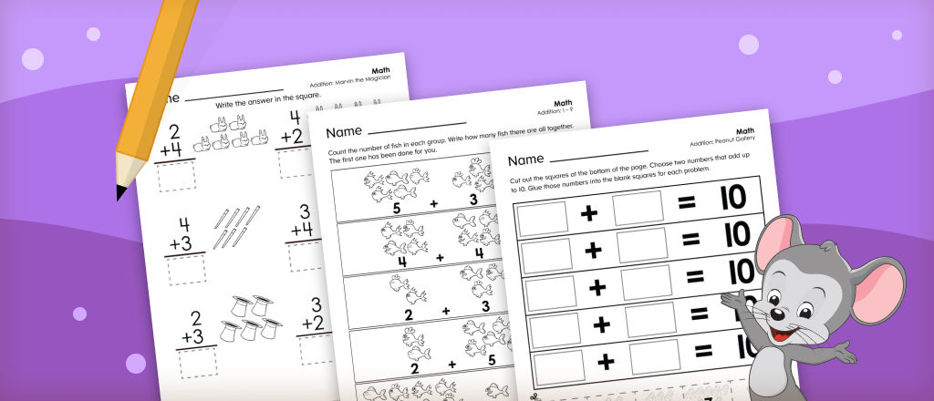 Free printable addition worksheets for kindergarten from ABCmouse.com.