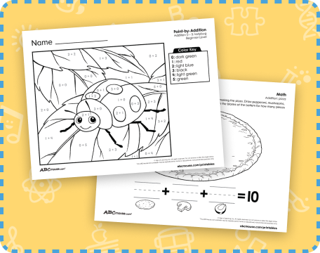 Free printable addition worksheets for kindergarten children from ABCmouse.com. 