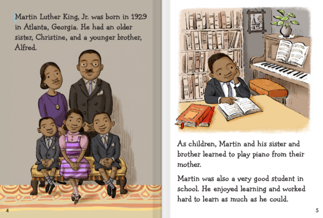 A page from the book 'Martin Luther King Jr. Biography' from the ABCmouse reading library. 