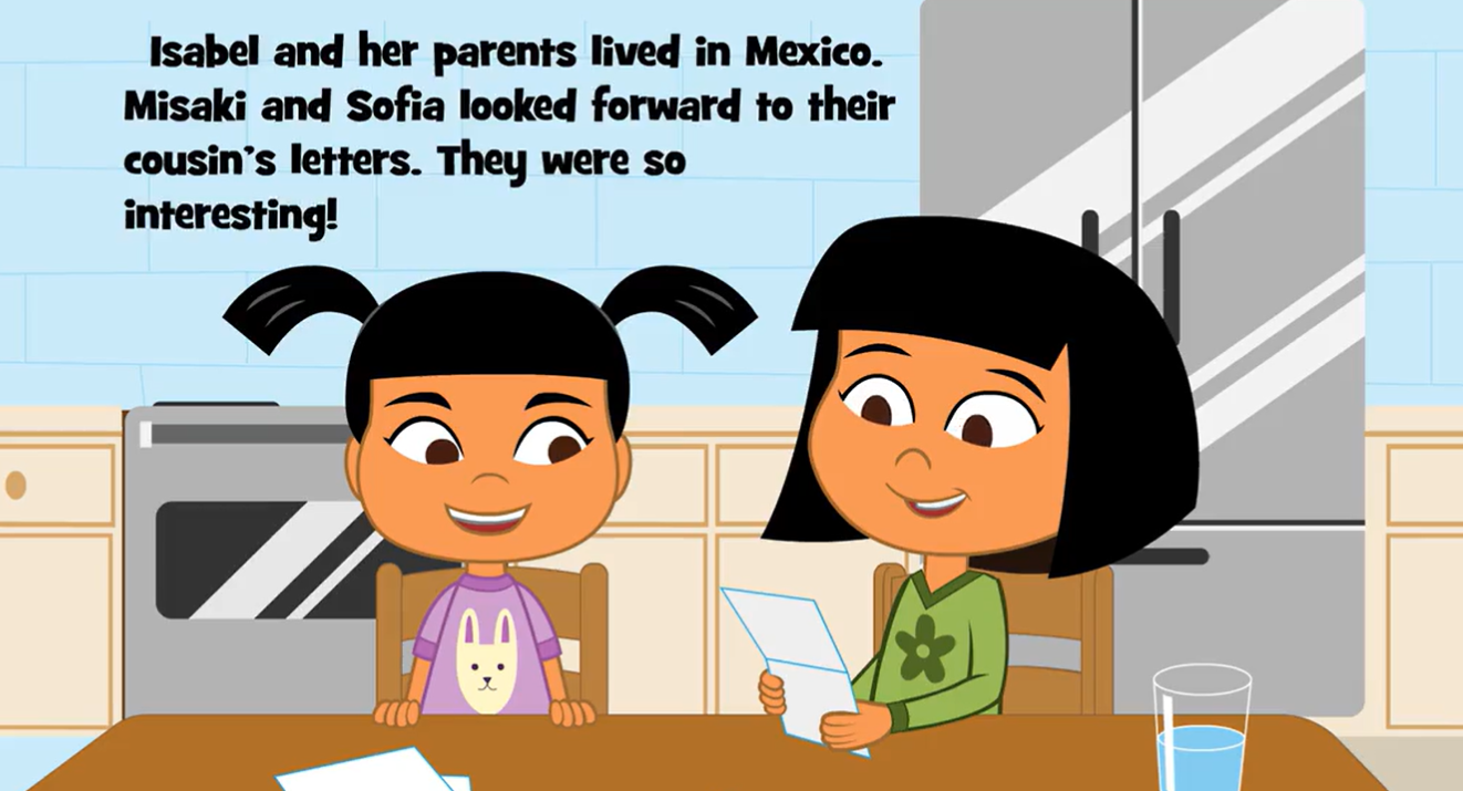 A page from the book 'Misaki and Sofia Write a Letter' in the ABCmouse reading library. 