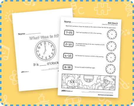 Free printable telling time worksheets for kindergarten children from ABCmouse.com. 