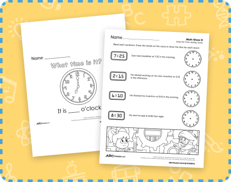 Free printable telling time worksheets from ABCmouse.com. 