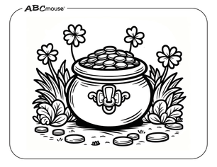Free ABCmouse printable coloring page of St. Patrick's Day pot of gold. 
