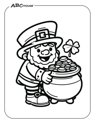 Free ABCmouse printable coloring page of St. Patrick's Day leprechaun with a pot of gold. 