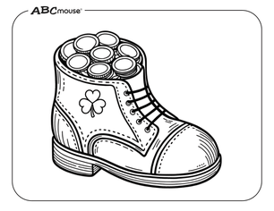 Free ABCmouse printable coloring page of St. Patrick's Day shoe with gold coins. 