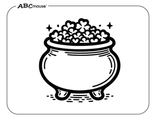 Free ABCmouse printable coloring page of St. Patrick's Day pot of lucky shamrocks. 