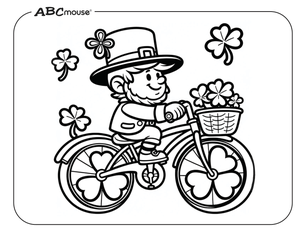 Free ABCmouse printable coloring page of St. Patrick's Day leprechaun riding a bike. 