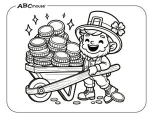 Free ABCmouse printable coloring page of St. Patrick's Day leprechaun with a wheelbarrow . 